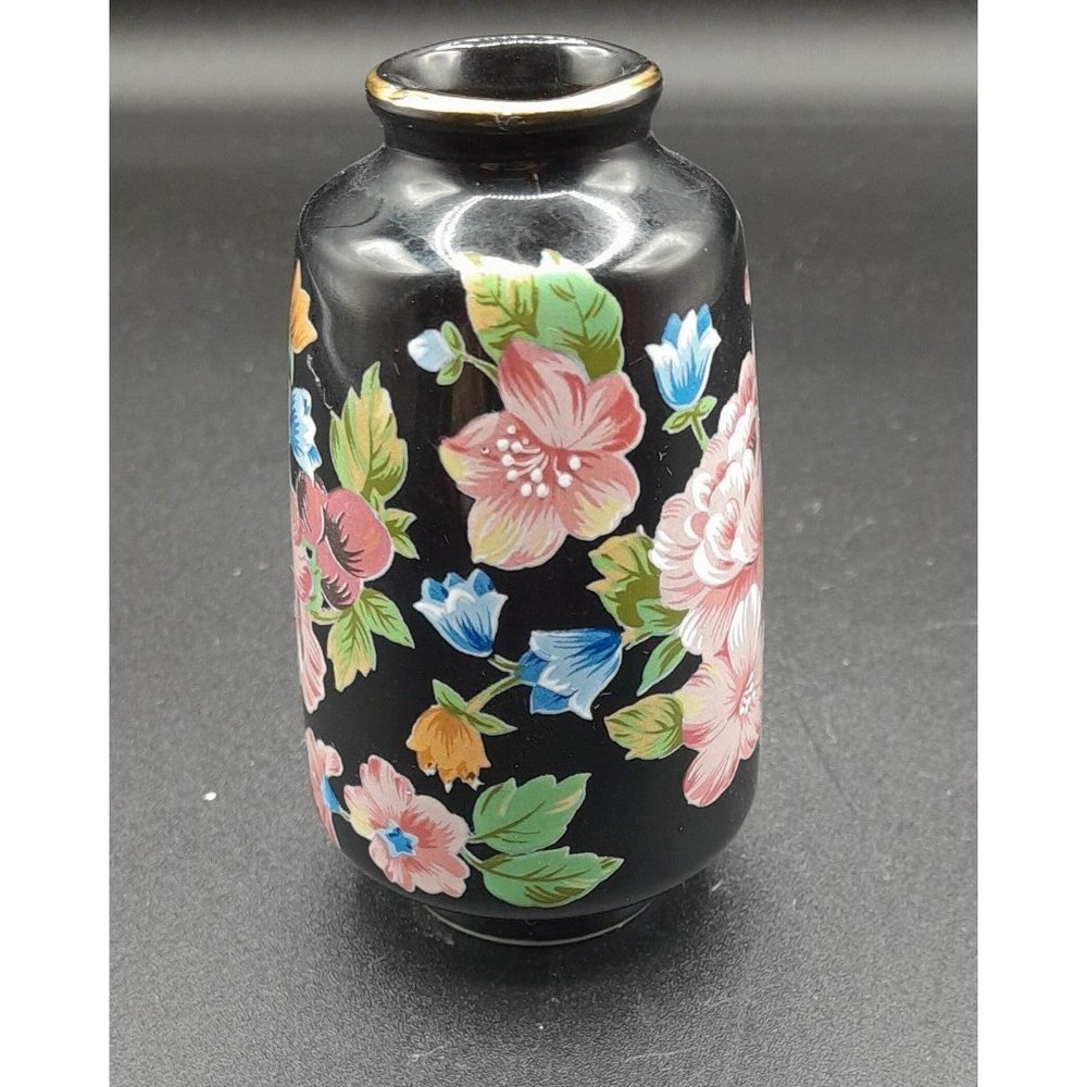 SMALL OTOGIRI BLACK VASE WITH PINK FLOWERS HANDPAINTED SMALL JAPAN VINTAGE
